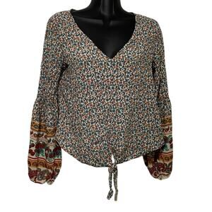 Shein Womens Blouse Size Medium Floral V Neck Tie Front Long Sleeve Shirt Top